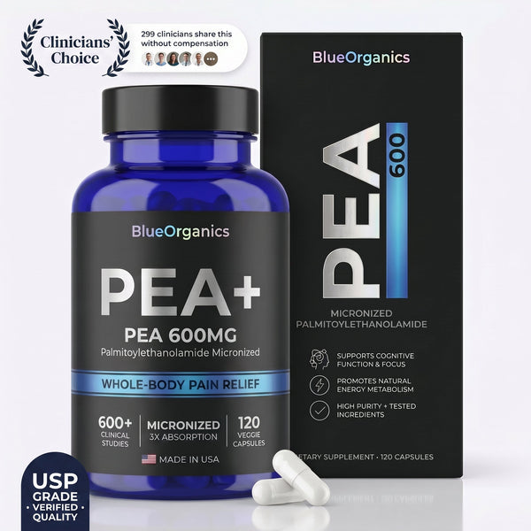 PEA+ Micronized Palmitoylethanolamide 600mg - Clinicians Choice, bottle and box, USP Grade